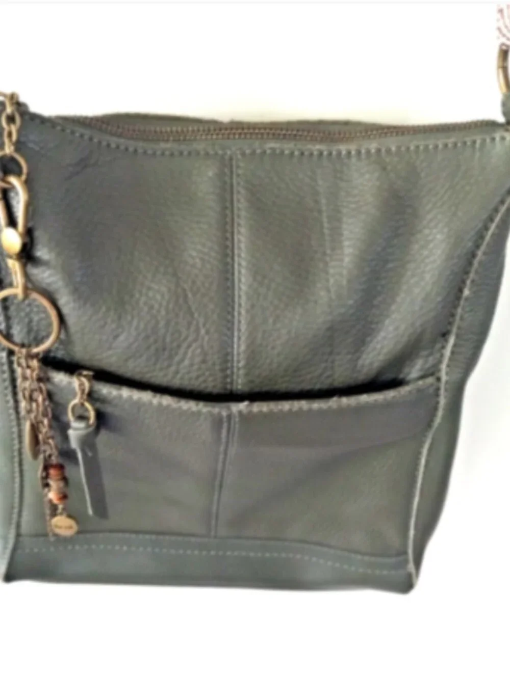 The Sak Brown Leather Crossbody Bag Woven Strap Zip Top Charm Pockets